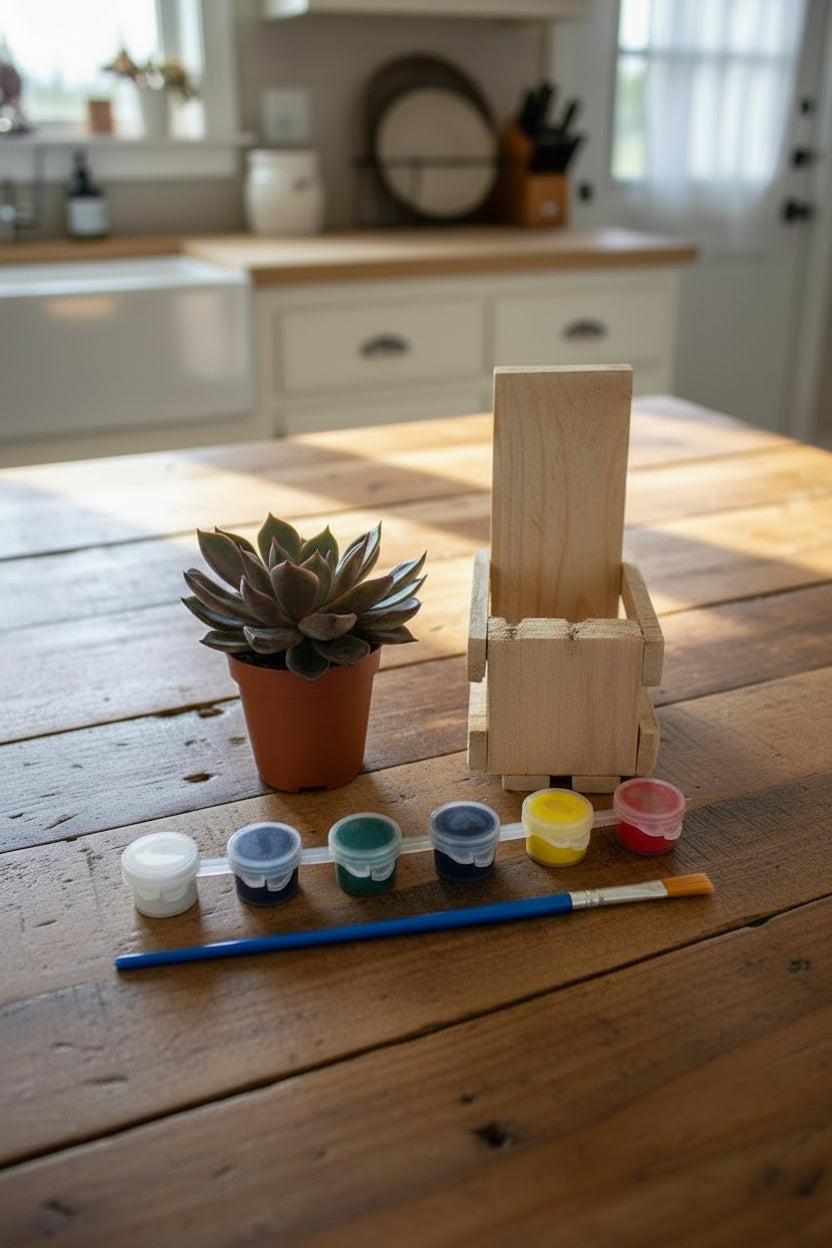 A miniature painting kit on a wooden tabletop, featuring a small wooden crate made from pallet wood, a small potted succulent, a paint palette with six colors, and a paintbrush.