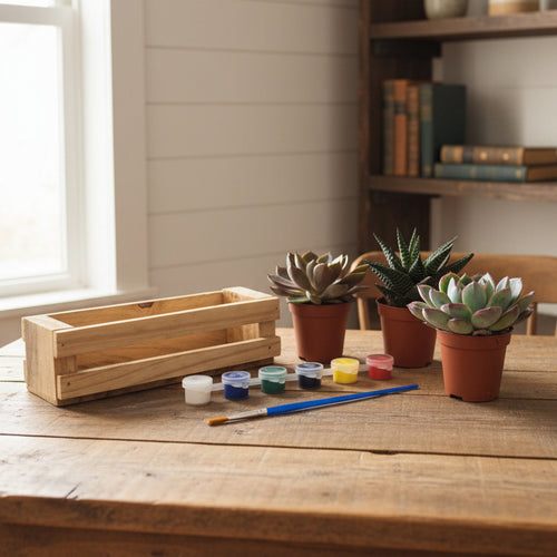 A wooden miniature painting kit displayed on a light wood table against a neutral wall, featuring a small wooden frame made from pallet wood, three potted succulent plants, a paintbrush, and small paint pots.