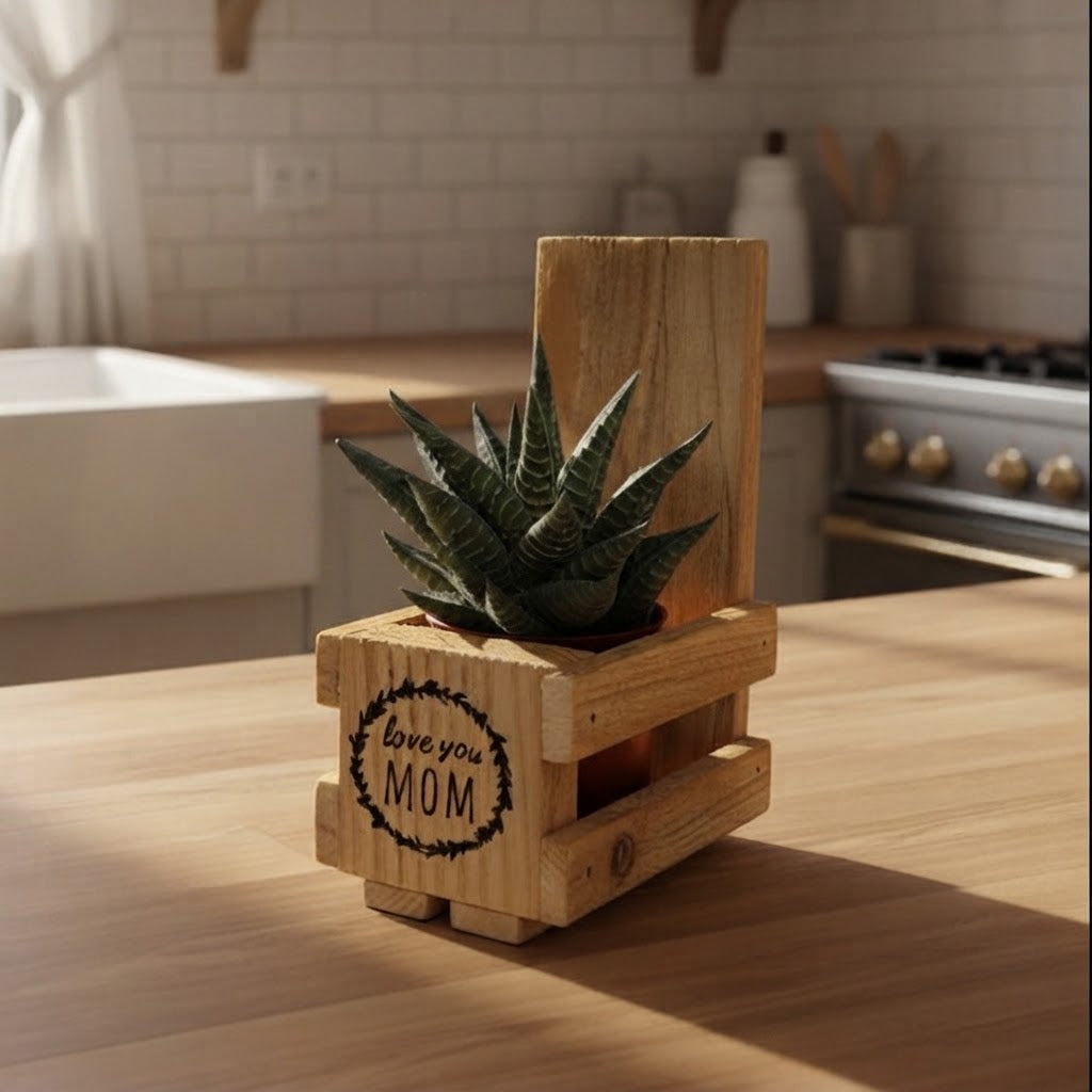 A small potted succulent in a wooden planter box made from pallet wood placed on a kitchen counter. The planter has a circular engraved design that reads 'love you MOM' and is set against a softly blurred kitchen background.