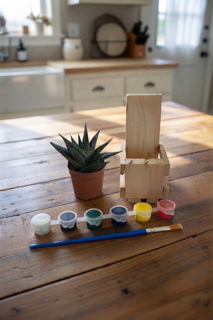 A small wooden crate made from pallet wood on a rustic wooden table, styled with a potted succulent, paint pots, a paintbrush, and a wooden block in a bright kitchen setting.