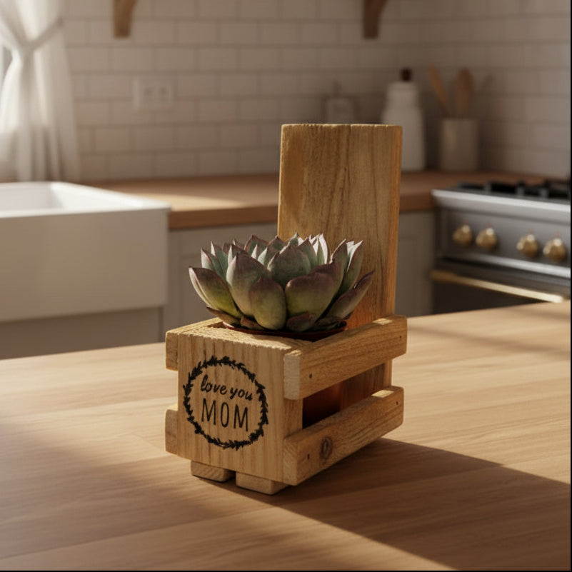 A small potted succulent plant in a rustic wooden crate planter, isolated on a solid white background.