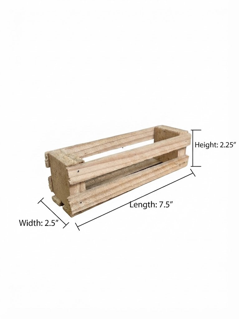 A wooden rectangular planter box shown on a white background with dimension lines and labels indicating width 2.5 inches, length 7.