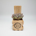 A small succulent plant in a light natural wood block planter with a rectangular wooden base. The front wooden block is printed with a black circular wreath design and the words 'Love you MOM'.
