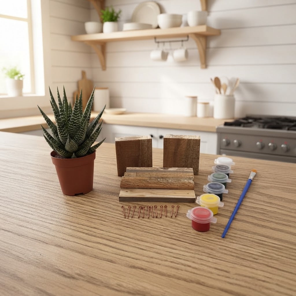 A potted succulent and a DIY wooden planter kit with wood blocks, nails, and paint pots arranged on a wooden kitchen countertop, with a blurred modern kitchen in the background.