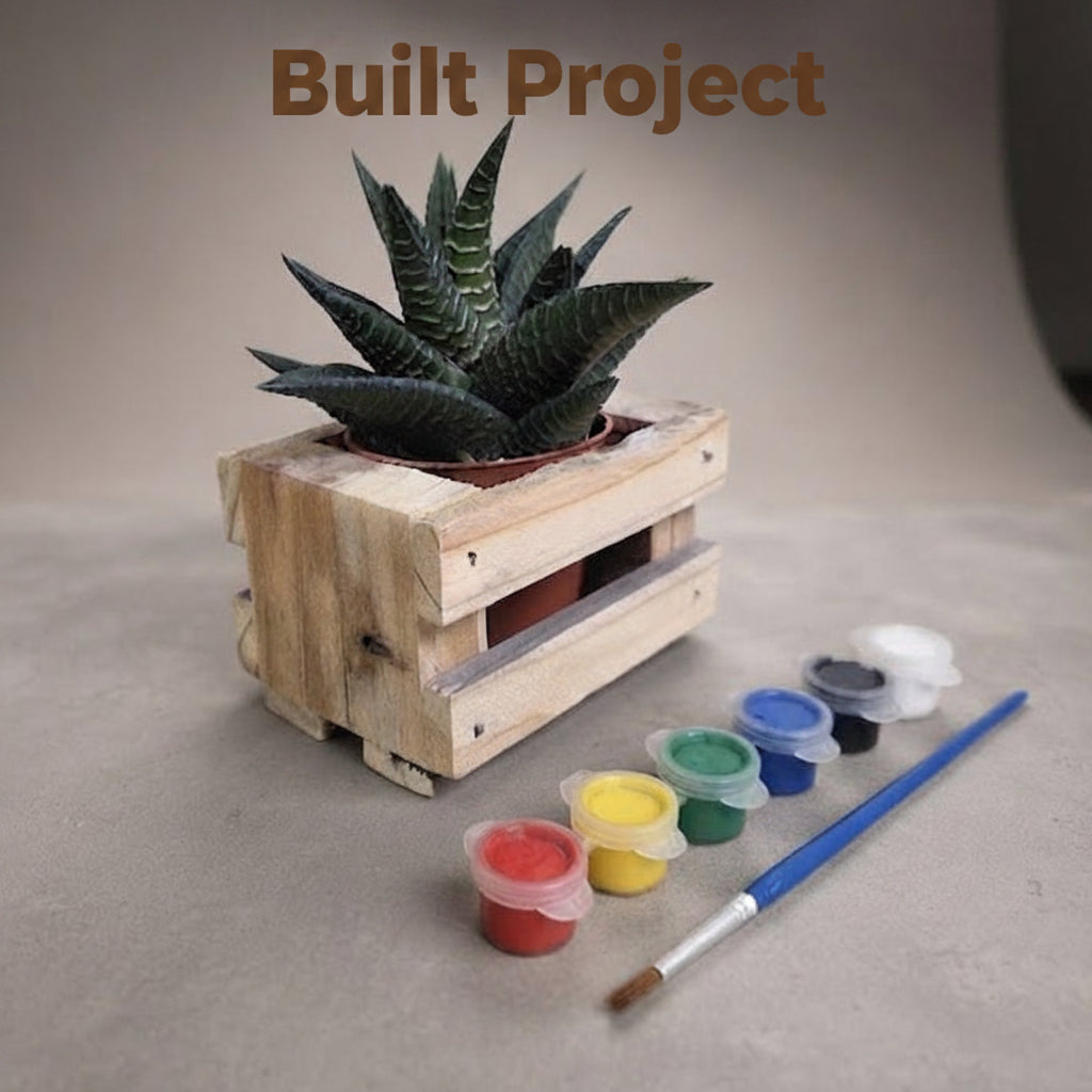 A small potted succulent in a wooden crate planter, shown with a paint palette, paint cups, and a paintbrush on a neutral studio background.