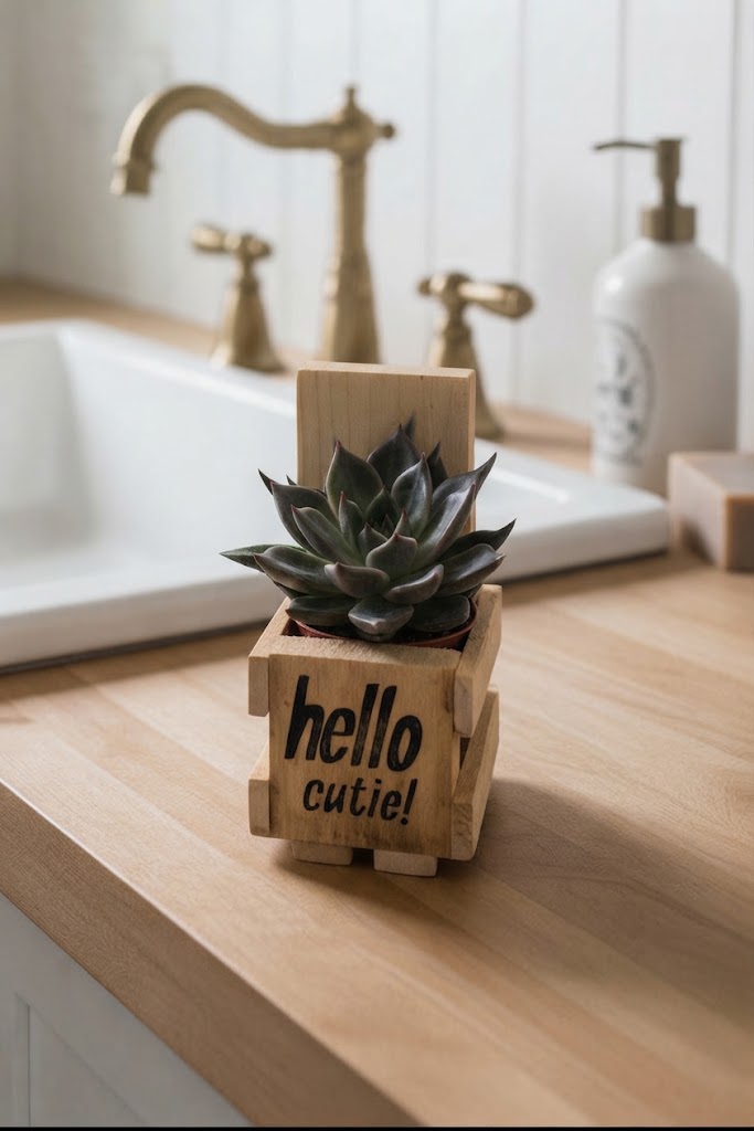 A small succulent plant in a wooden block planter made from pallet wood with the words 'hello cutie!' printed on the front, placed on a light wood countertop near a sink and soap dispenser.